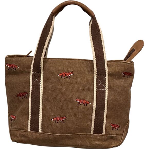 L.L. Bean Women's Foxes Print Canvas Embroidered Tote Bag Purse Brown Tan - Picture 2 of 16